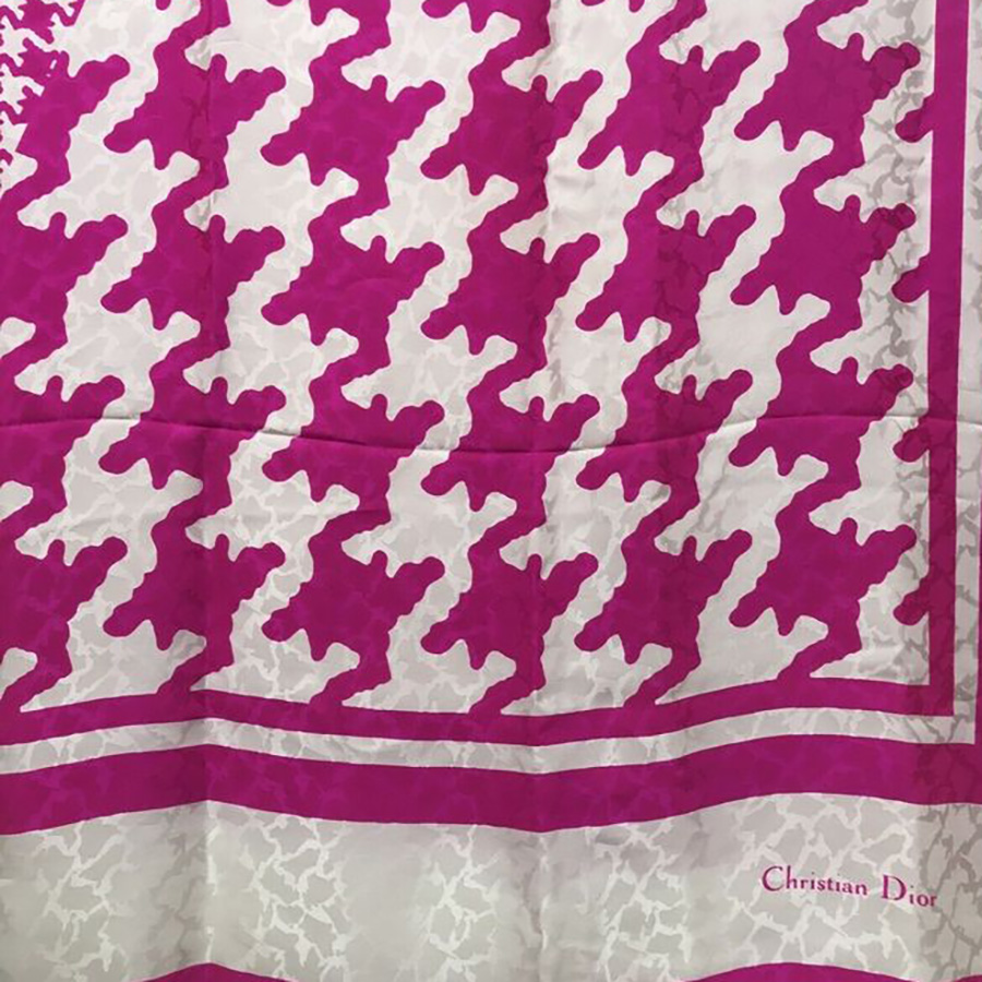 An Authentic Vintage large 1980's Pure Silk Wrap Shawl Scarf Bright Pink Houndstooth Design Christian Dior Printed to one side.Absolutely gorgeous - a great Christmas gift idea for her